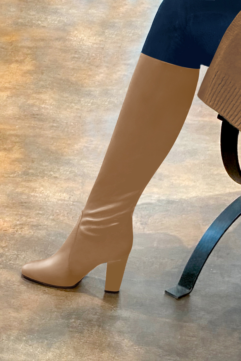 Camel beige women's feminine knee-high boots. Round toe. High block heels. Made to measure. Worn view - Florence KOOIJMAN